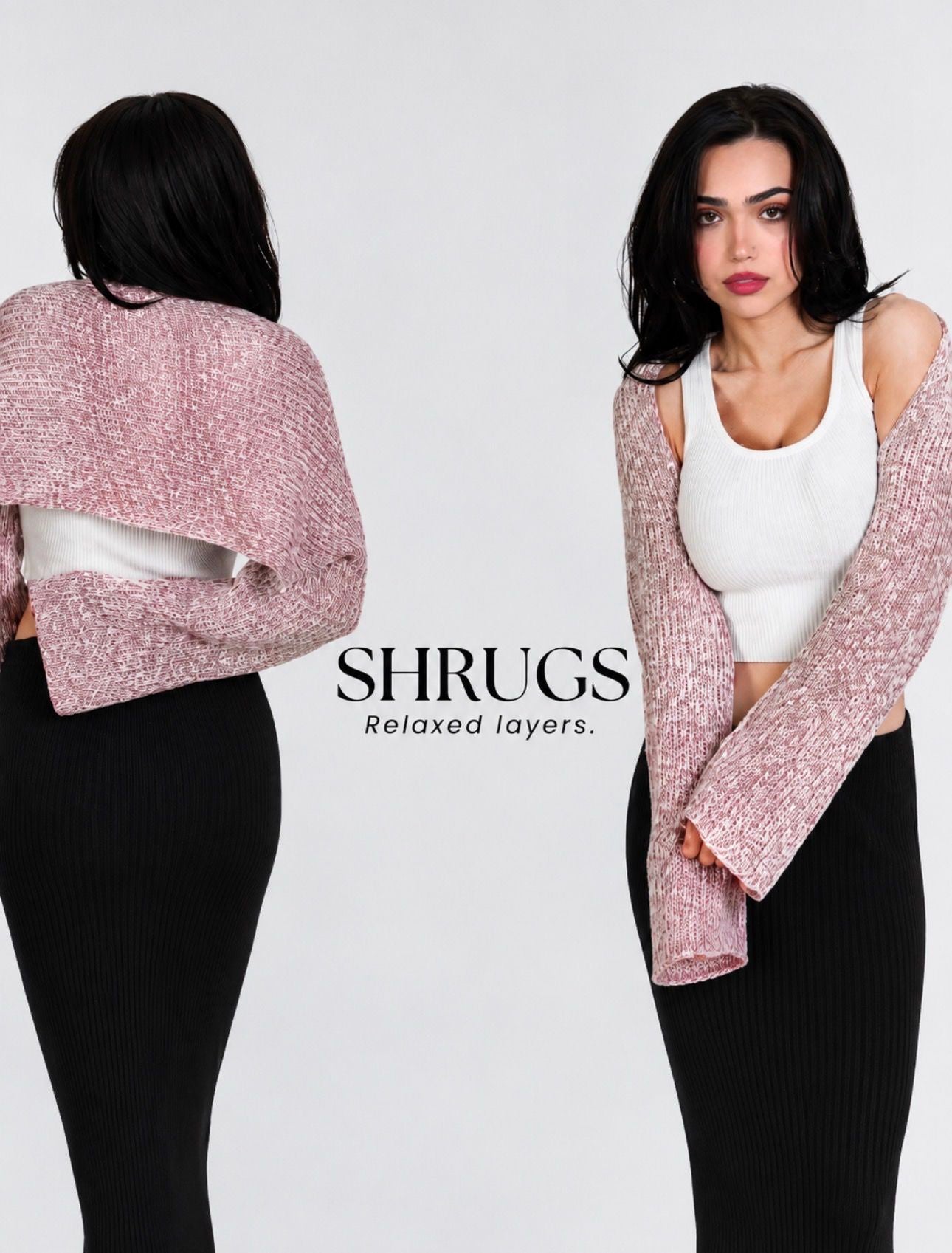 A model is shown from both front and back wearing a textured, oversized knit shrug in a dusty pink and white heathered pattern over a white crop top and black ribbed skirt. The brand name 'SHRUGS' is displayed in the center.