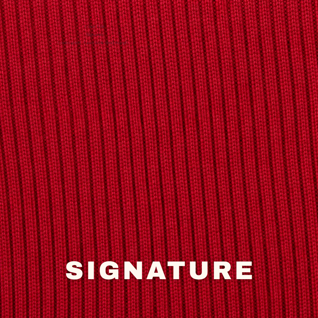 Close-up of red 2x1 ribbed knit swatch with 'SIGNATURE' text in white.