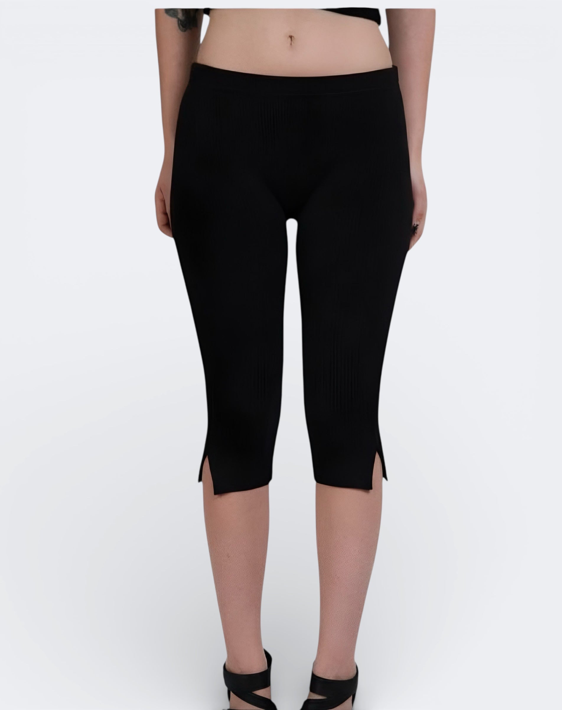 front view of fitted rib knit capri with side slit detail in Ink Black by The Knit House LA.
