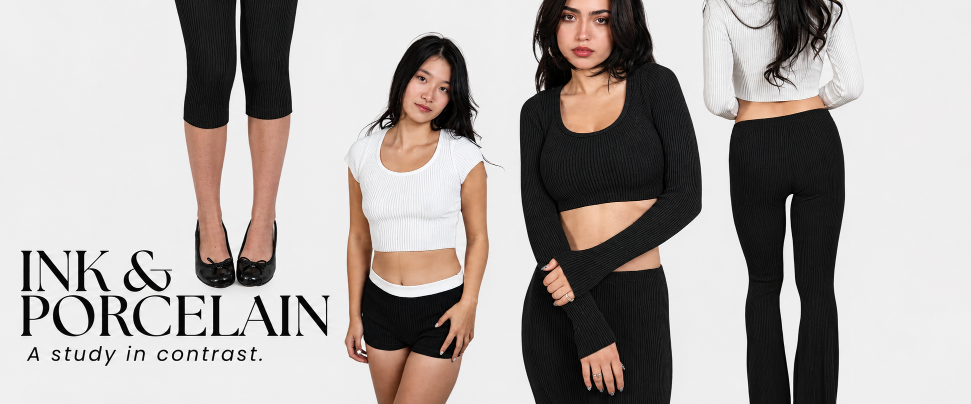 A promotional collage showing multiple models wearing black activewear and leggings against a light gray background, alongside the text 'INK & PORCELAIN A study in contrast.'.