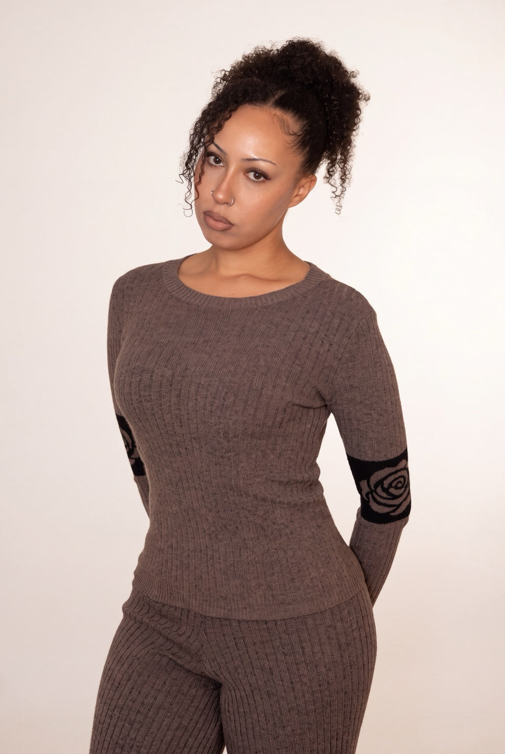 Rose Band Long Sleeve Crewneck rib knit - cinder taupe - designed and made by The Knit House LA
