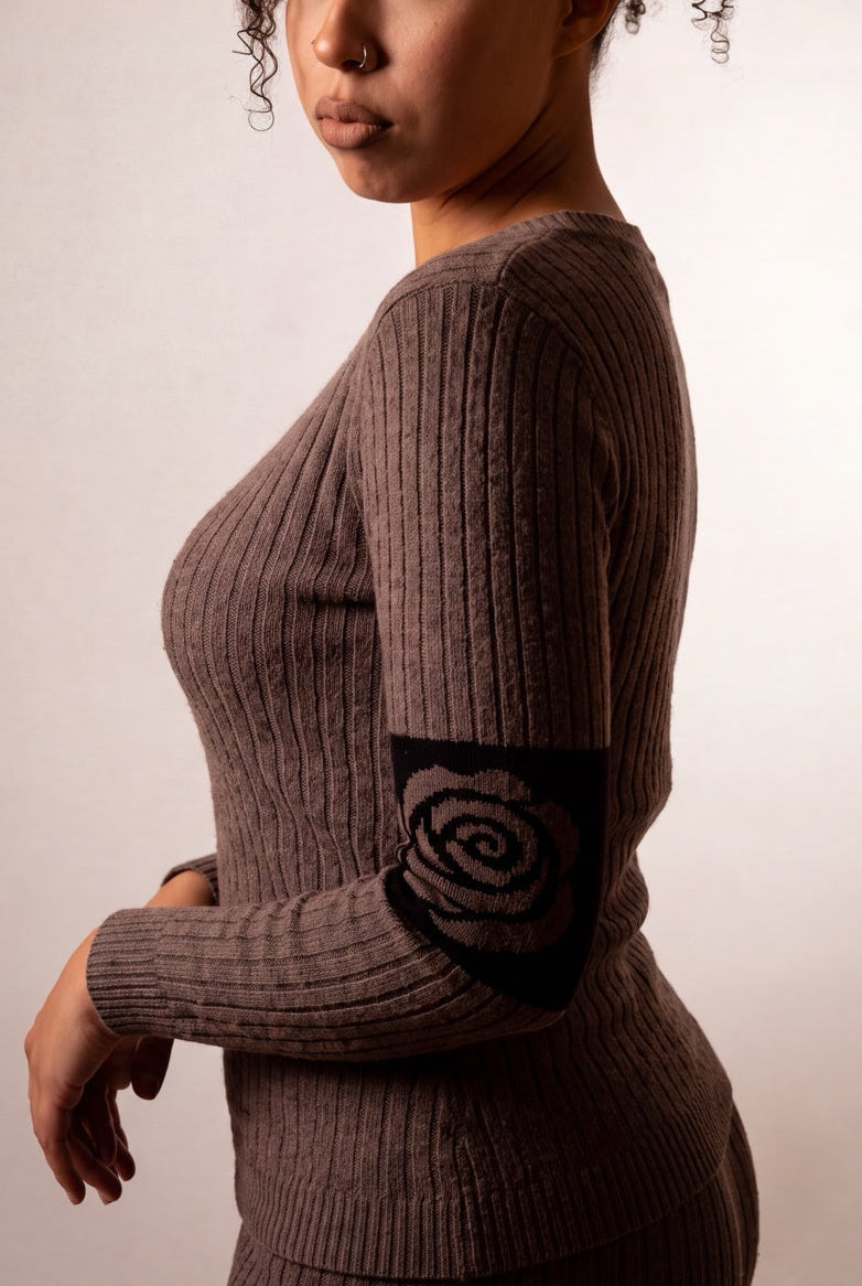 Rose Band Long Sleeve Crewneck rib knit - cinder taupe - designed and made by The Knit House LA