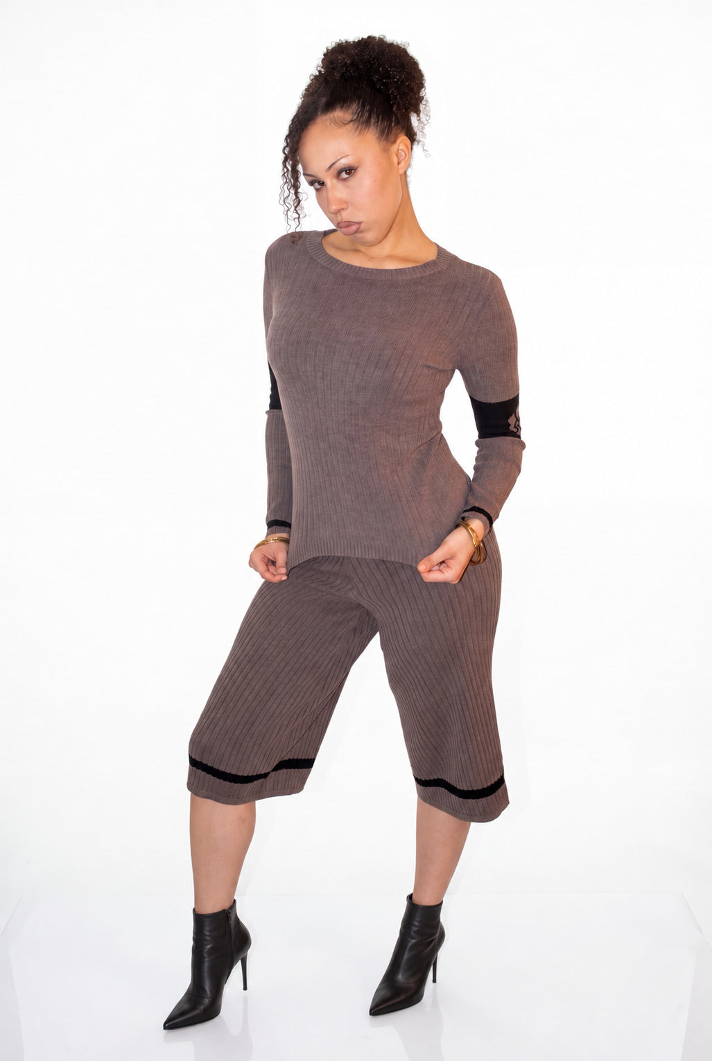 Rose Band Long Sleeve Crewneck rib knit - cinder taupe - designed and made by The Knit House LA