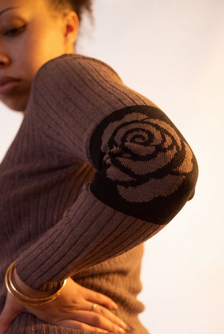 Rose Band Long Sleeve Crewneck rib knit - cinder taupe - designed and made by The Knit House LA