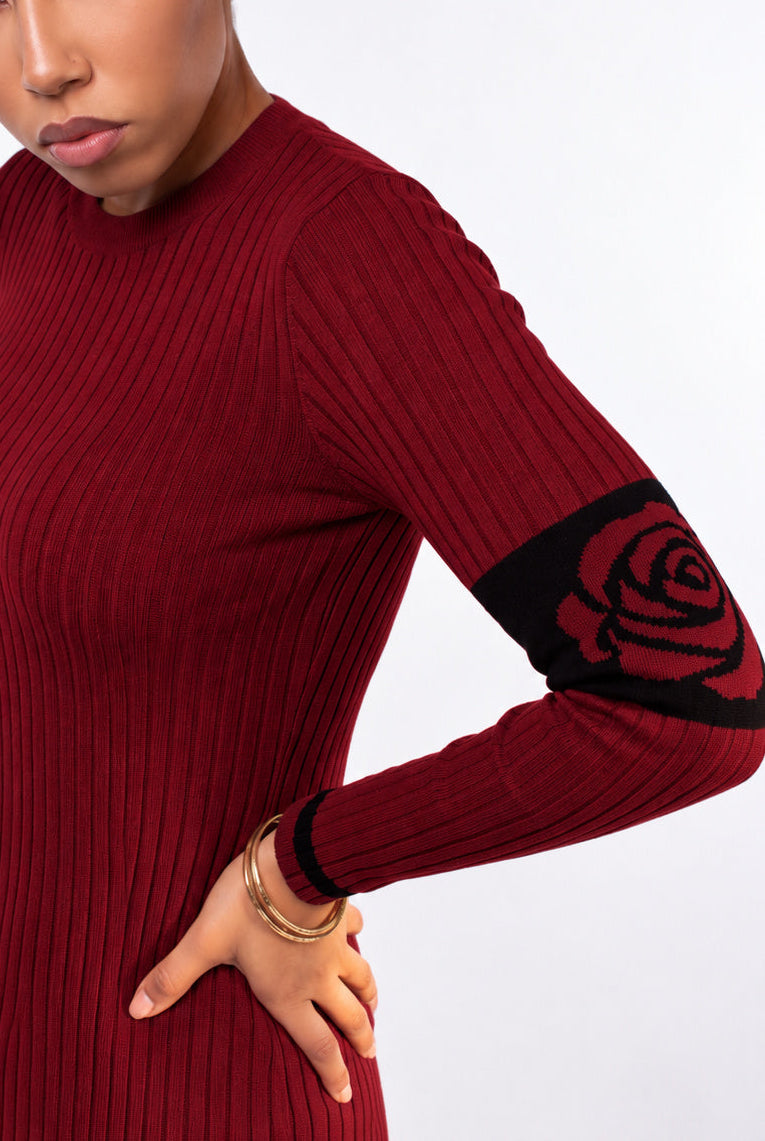 Rose Band Long Sleeve Crewneck rib knit - brick red - designed and made by The Knit House LA