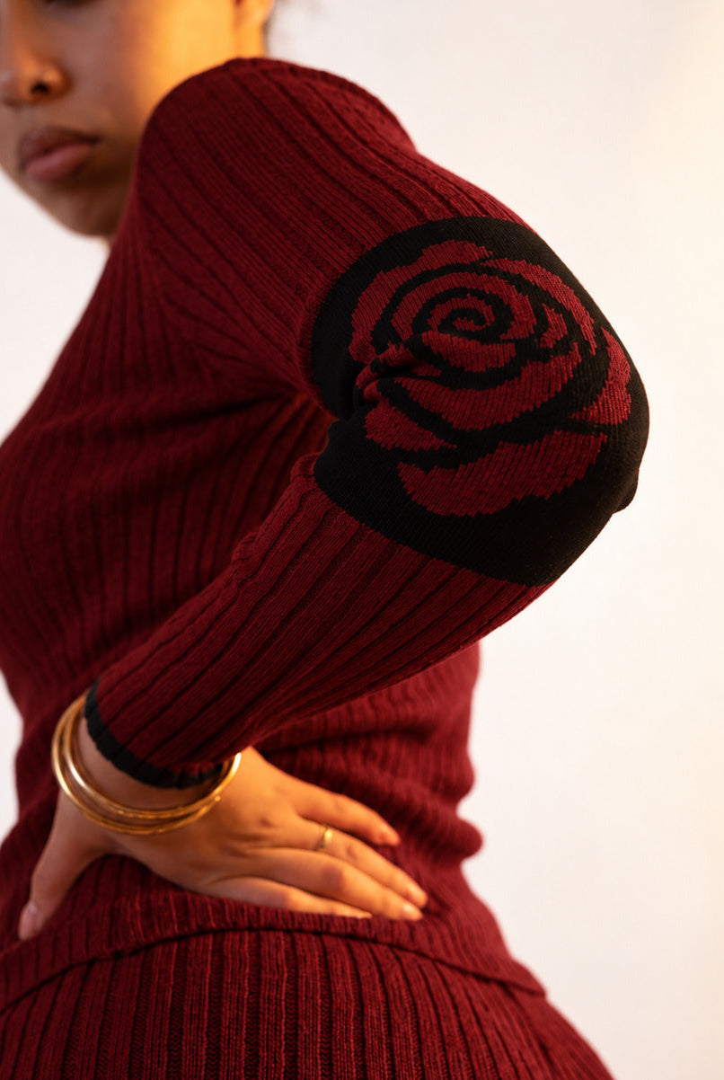 Rose Band Long Sleeve Crewneck rib knit - brick red - designed and made by The Knit House LA