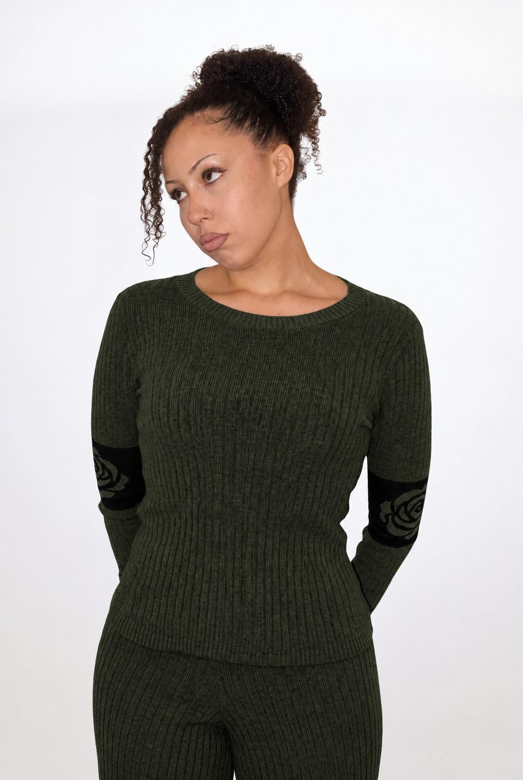 Rose Band Long Sleeve Crewneck rib knit - combat green - designed and made by The Knit House LA