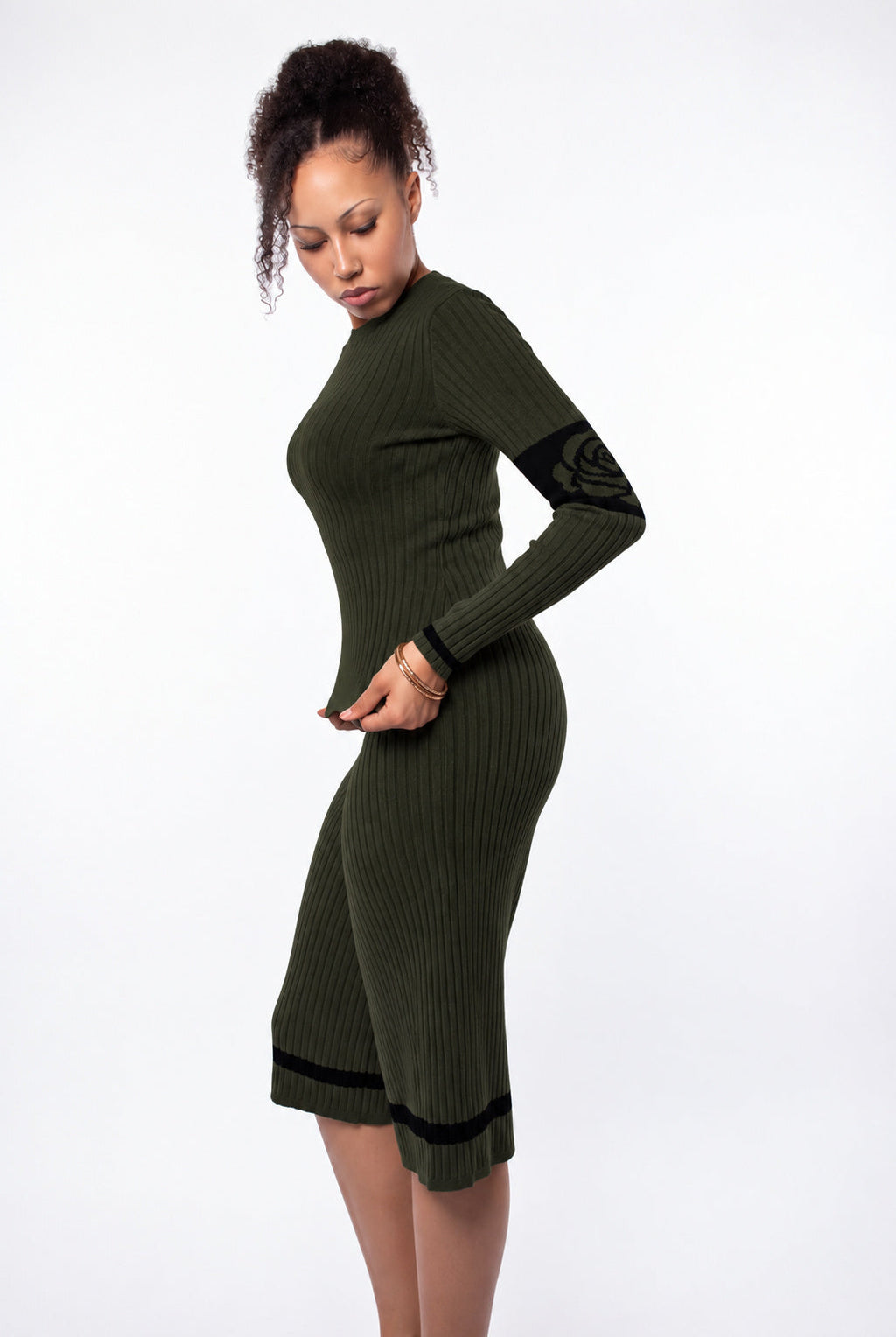 Rose Band Long Sleeve Crewneck rib knit - combat green - designed and made by The Knit House LA