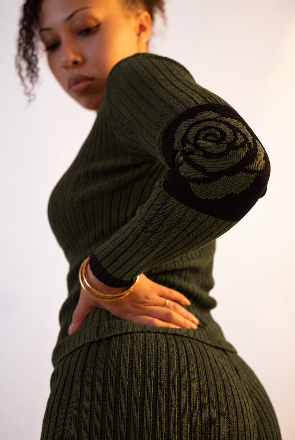 Rose Band Long Sleeve Crewneck rib knit - combat green - designed and made by The Knit House LA