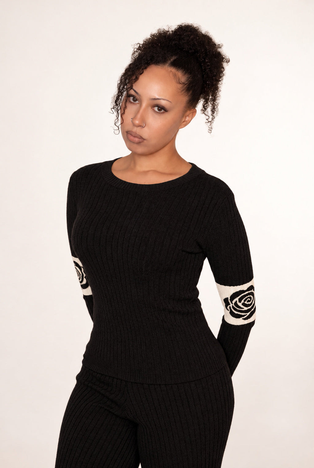 Rose Band Long Sleeve Crewneck rib knit - ink black - designed and made by The Knit House LA