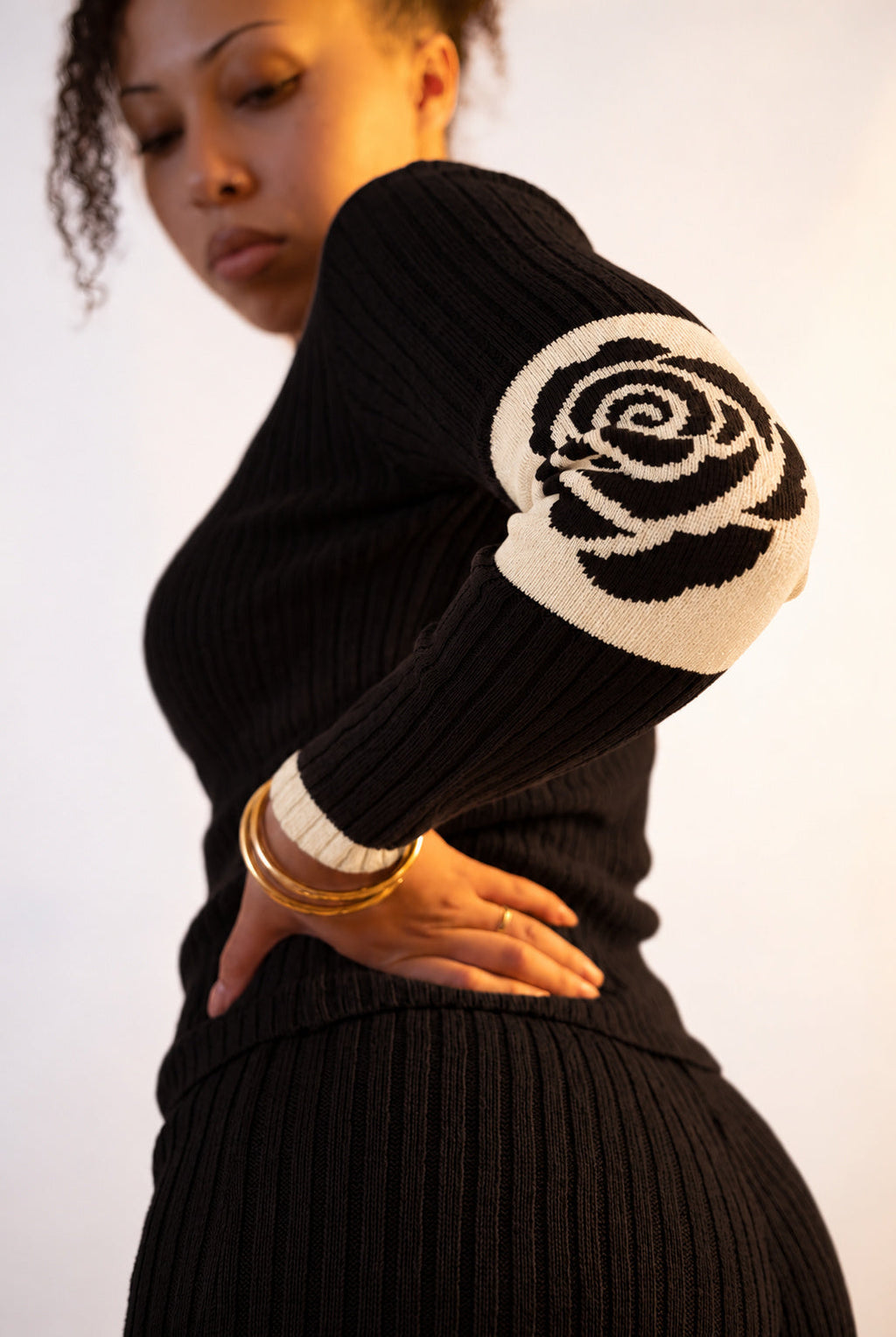 Rose Band Long Sleeve Crewneck rib knit - ink black - designed and made by The Knit House LA