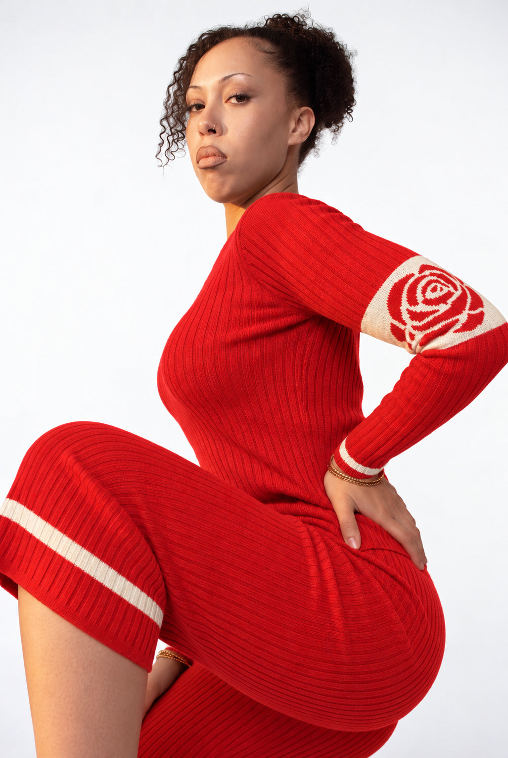 Rose Band Long Sleeve Crewneck rib knit - tomato red - designed and made by The Knit House LA