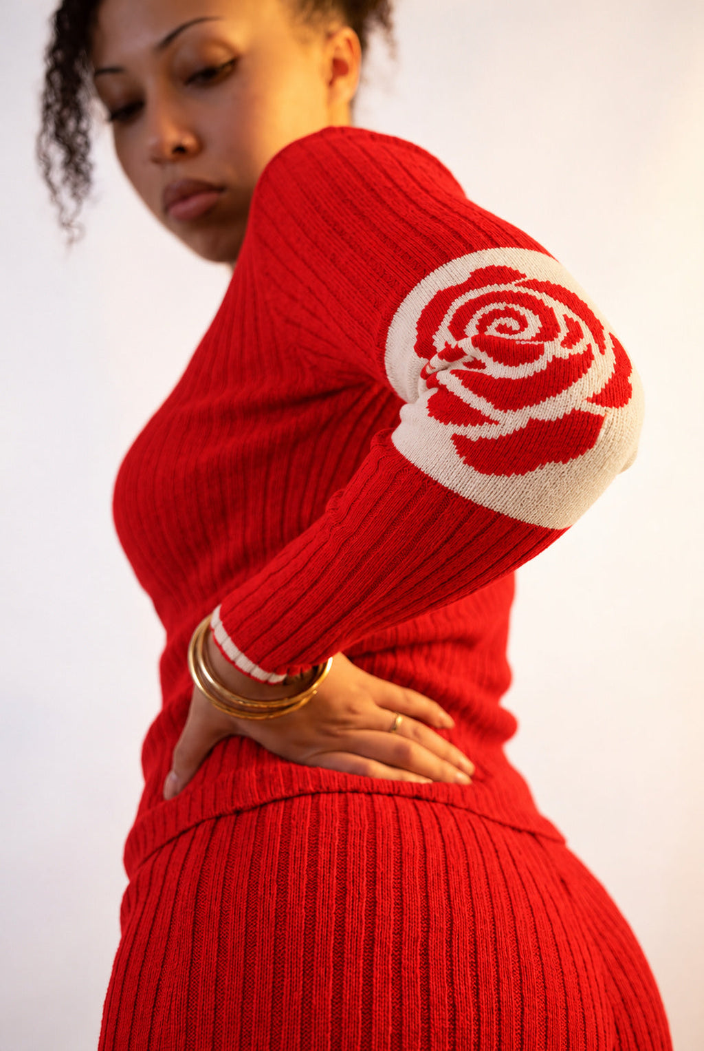 Rose Band Long Sleeve Crewneck rib knit - tomato red - designed and made by The Knit House LA