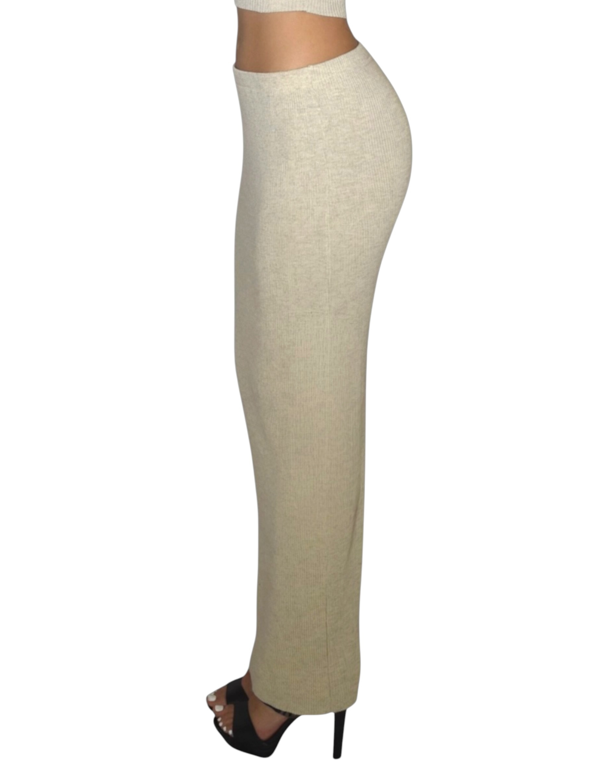 drift Beige ribbed long straight skirt worn by a person on a white background