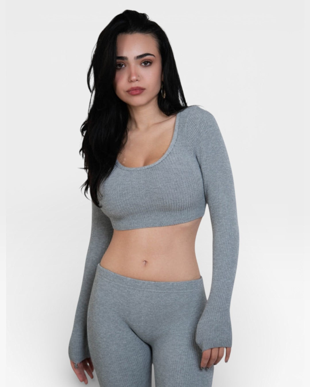 Fitted rib crop long sleeve top with scoop neckline in Mist grey by The Knit House LA