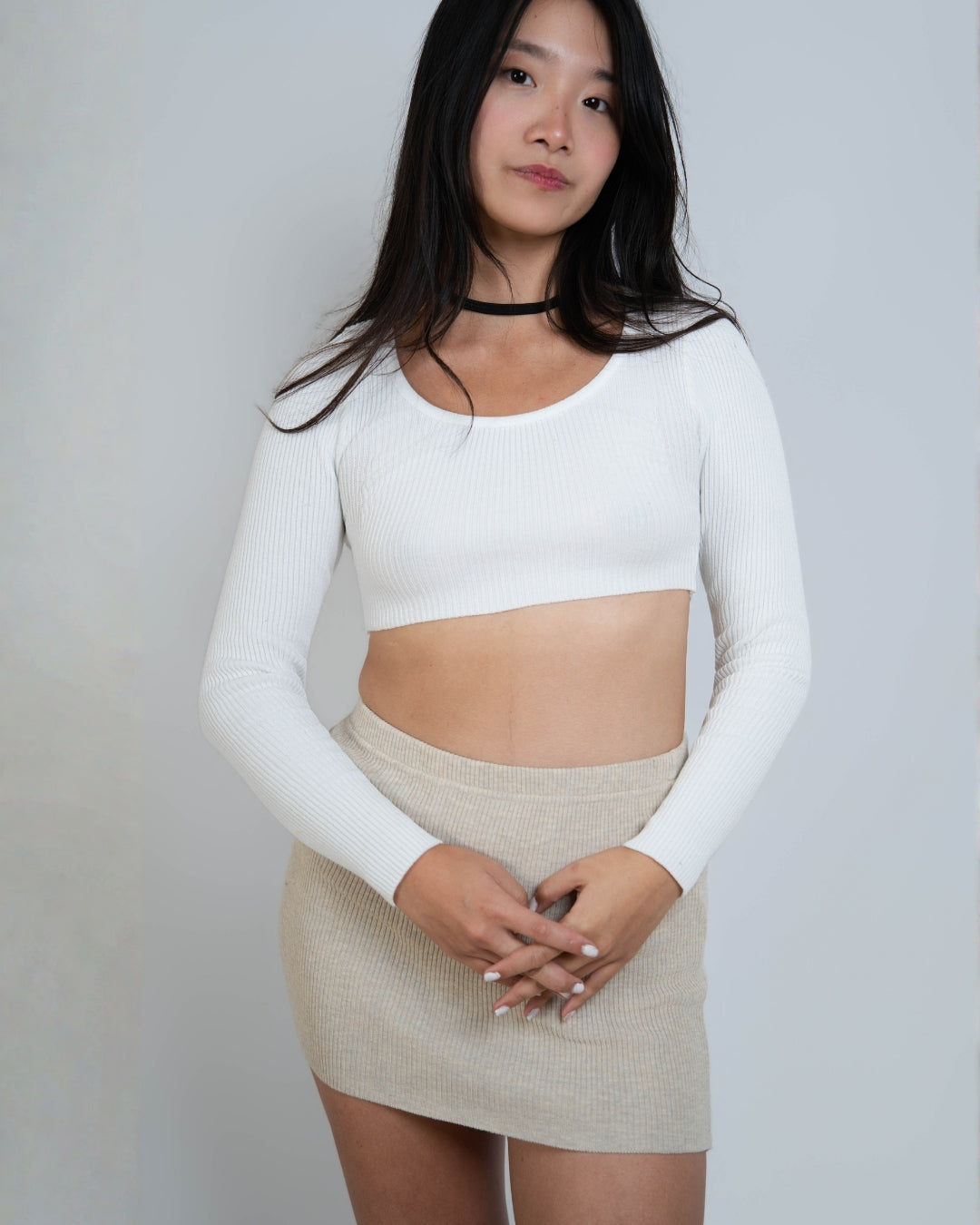 Fitted rib crop long sleeve top with scoop neckline in Porcelain white by The Knit Hous