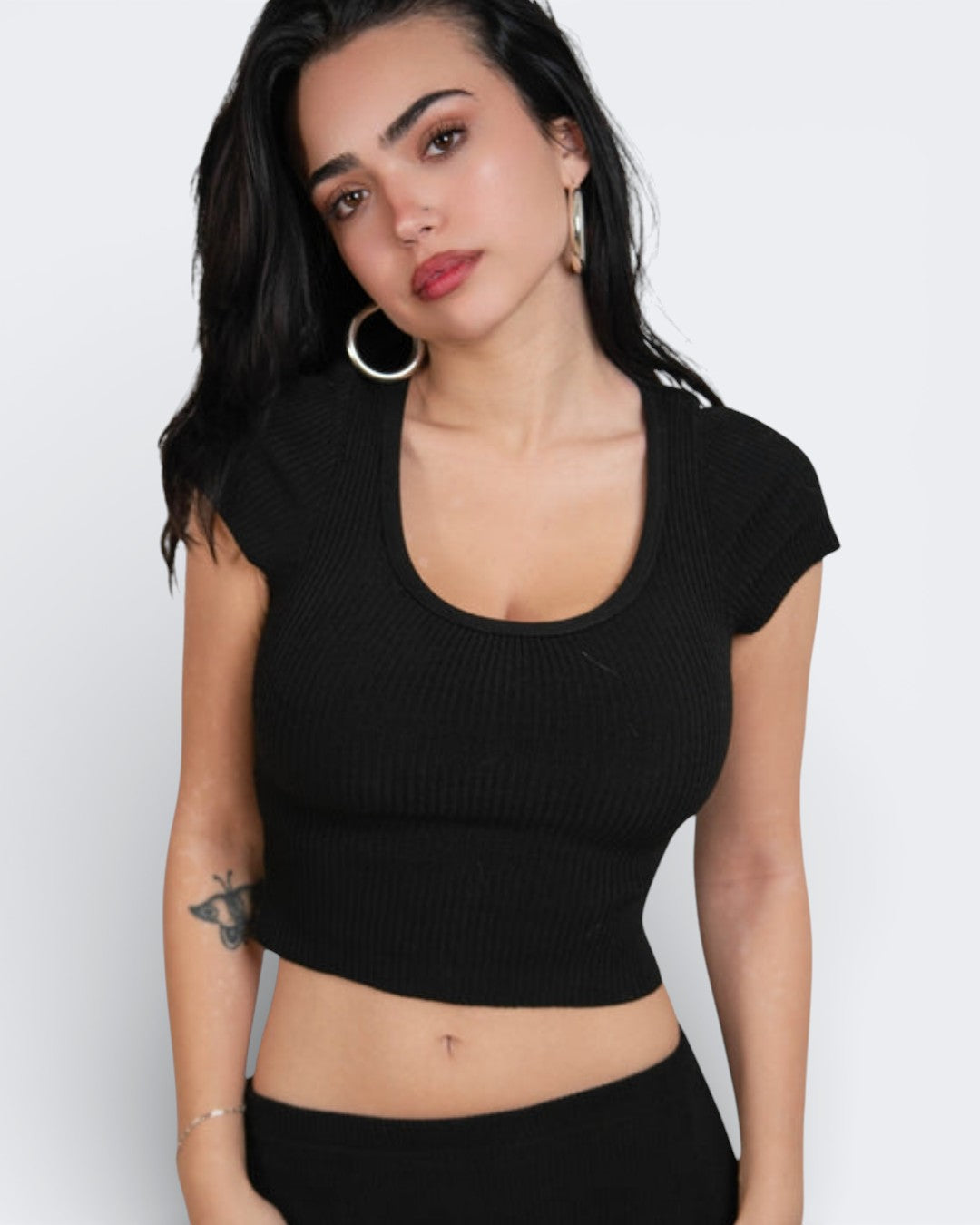 Fitted rib knit crop top with short sleeve and scoop neckline in Ink black by The Knit House LA