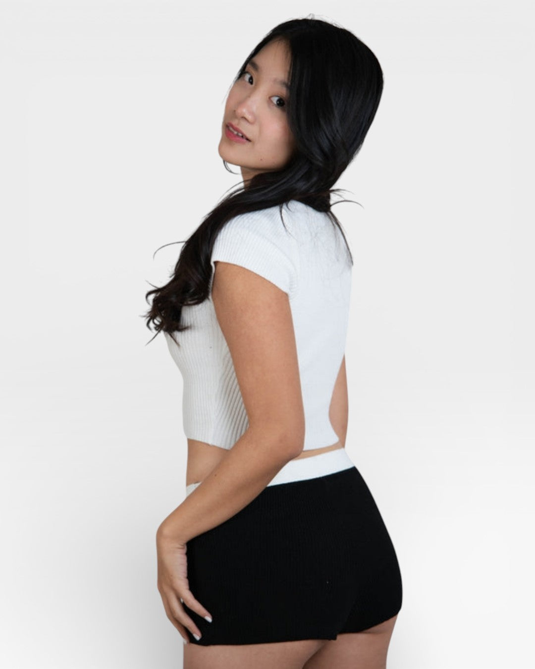 Fitted rib knit crop top with short sleeve and scoop neckline in porcelain white by - The Knit House LA