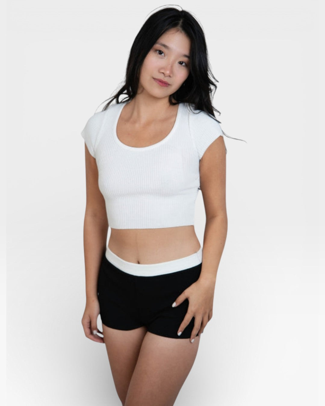 Fitted rib knit crop top with short sleeve and scoop neckline in Porcelain white by - The Knit House LA