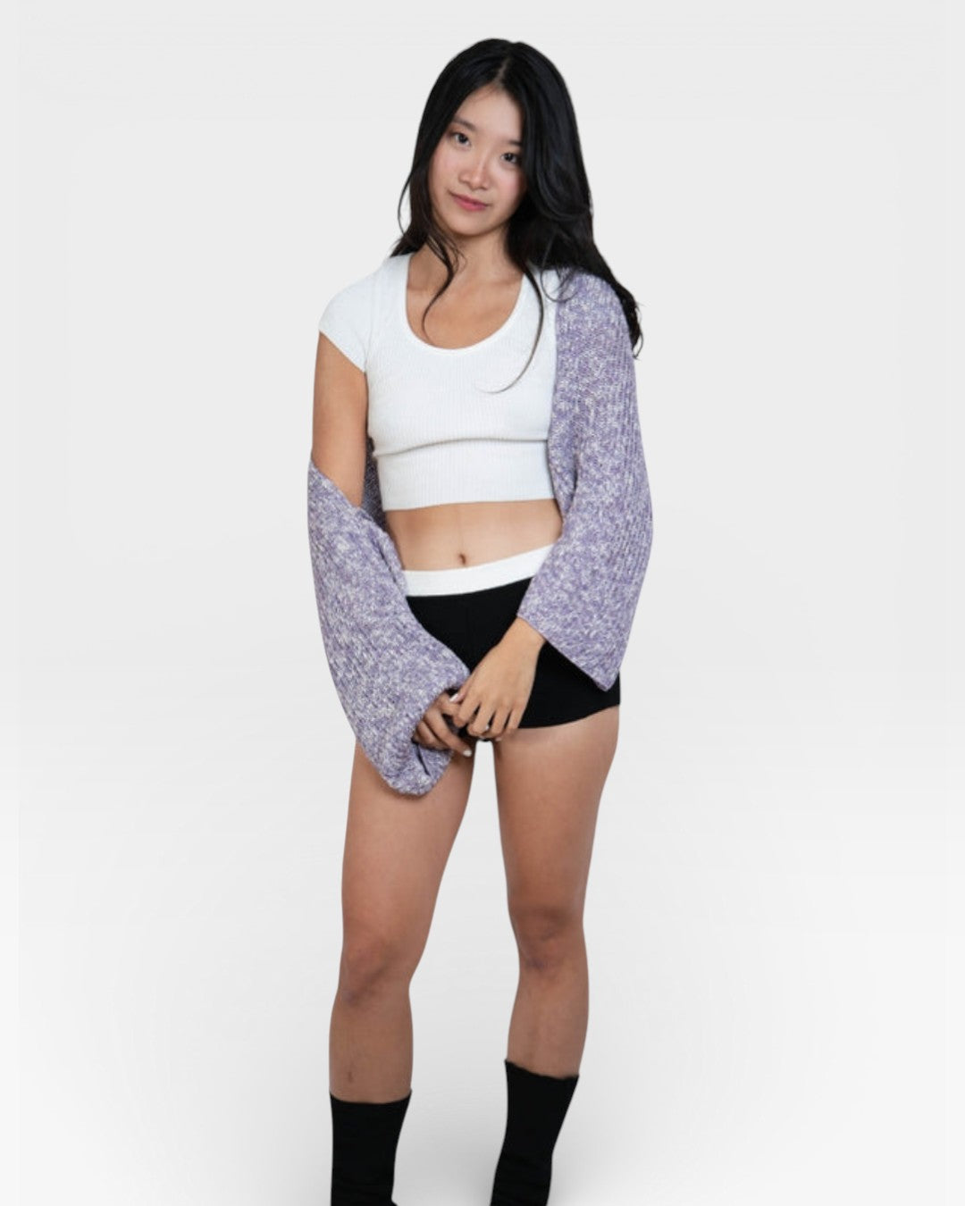 Fitted rib knit crop top with short sleeve and scoop neckline in Porcelain white by - The Knit House LA