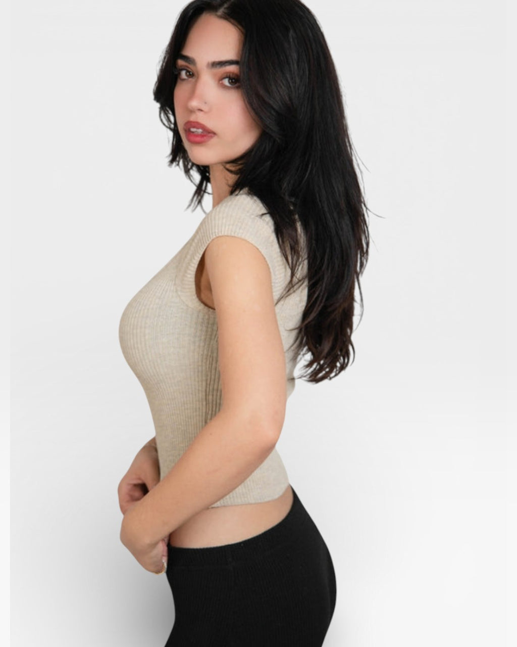 Side view of Fitted rib knit short sleeve top with scoop neckline in Drift beige by - The Knit House LA