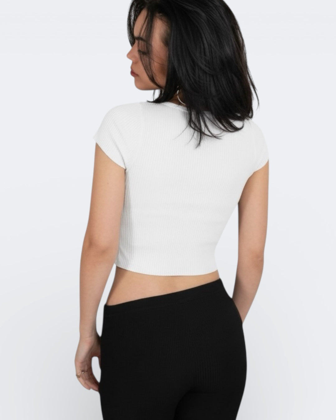 Fitted rib knit short sleeve top with scoop neckline in Porcelain white by - The Knit House LA