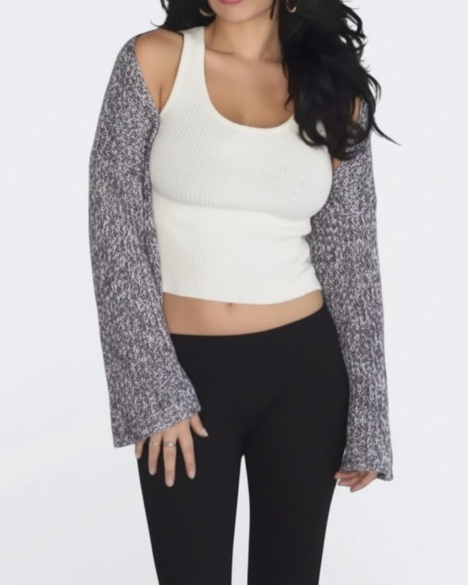 Woman wearing a Porcelain white fitted rib knit tank top with scoop neckline by The Knit House LA, , black capri pants, and a patterned cardigan on a white background