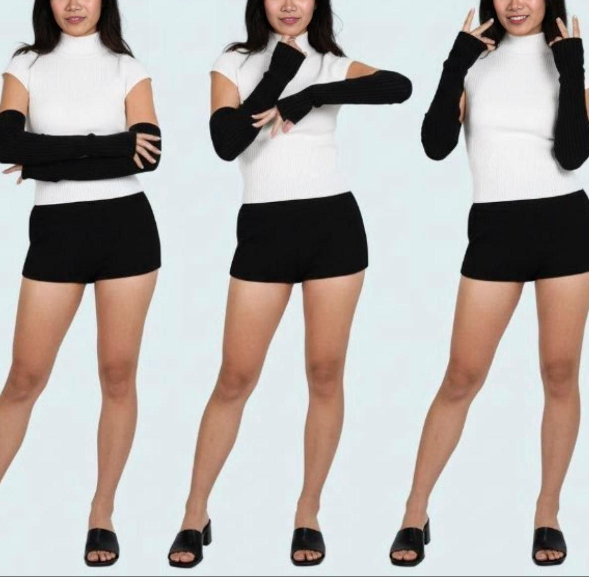 three poses of woman wearing rib knit armwarmers in Ink black by The Knit House LA.