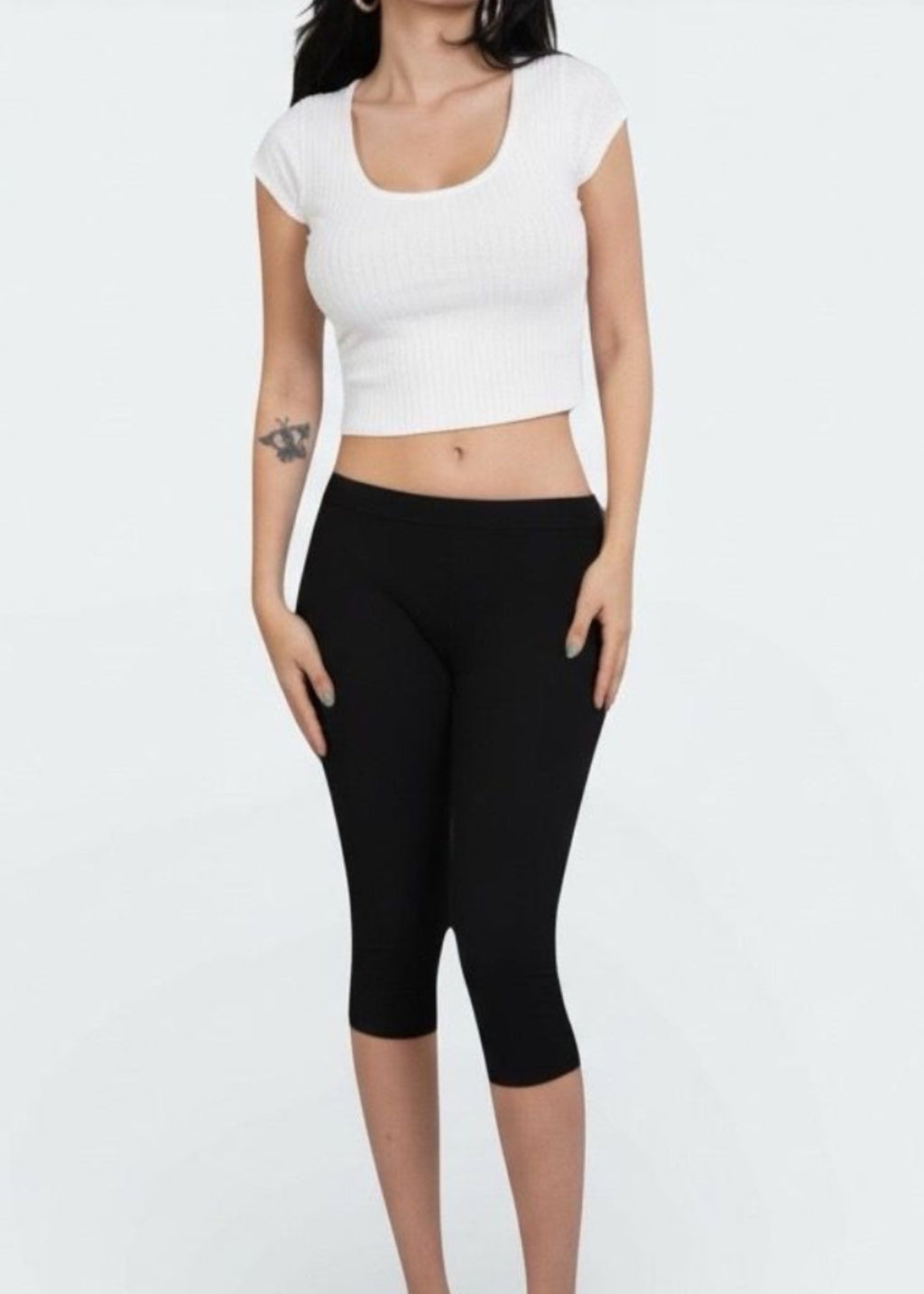 Fitted rib knit short sleeve top with scoop neckline in Porcelain white by - The Knit House LA