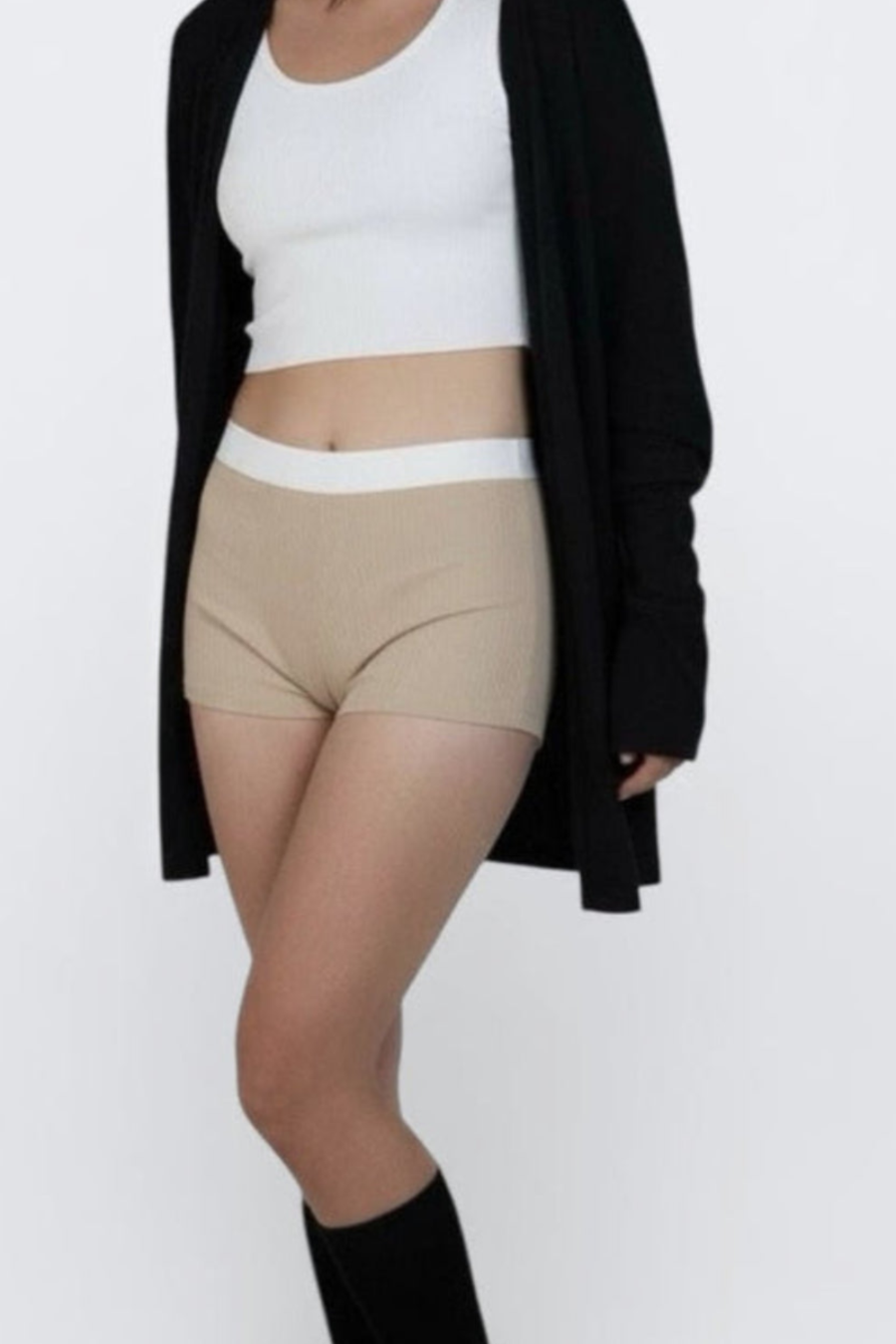 Knib rib relaxed boy short with supporting waistband ib dift beige by The Knit Hose LA