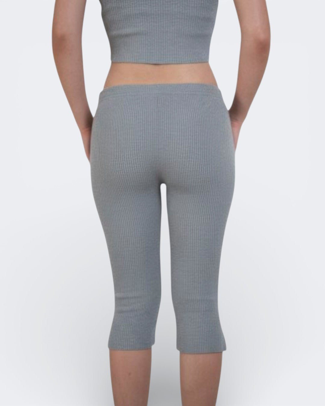 Back view of fitted rib knit capri pants in Mist grey by The Knit House LA.