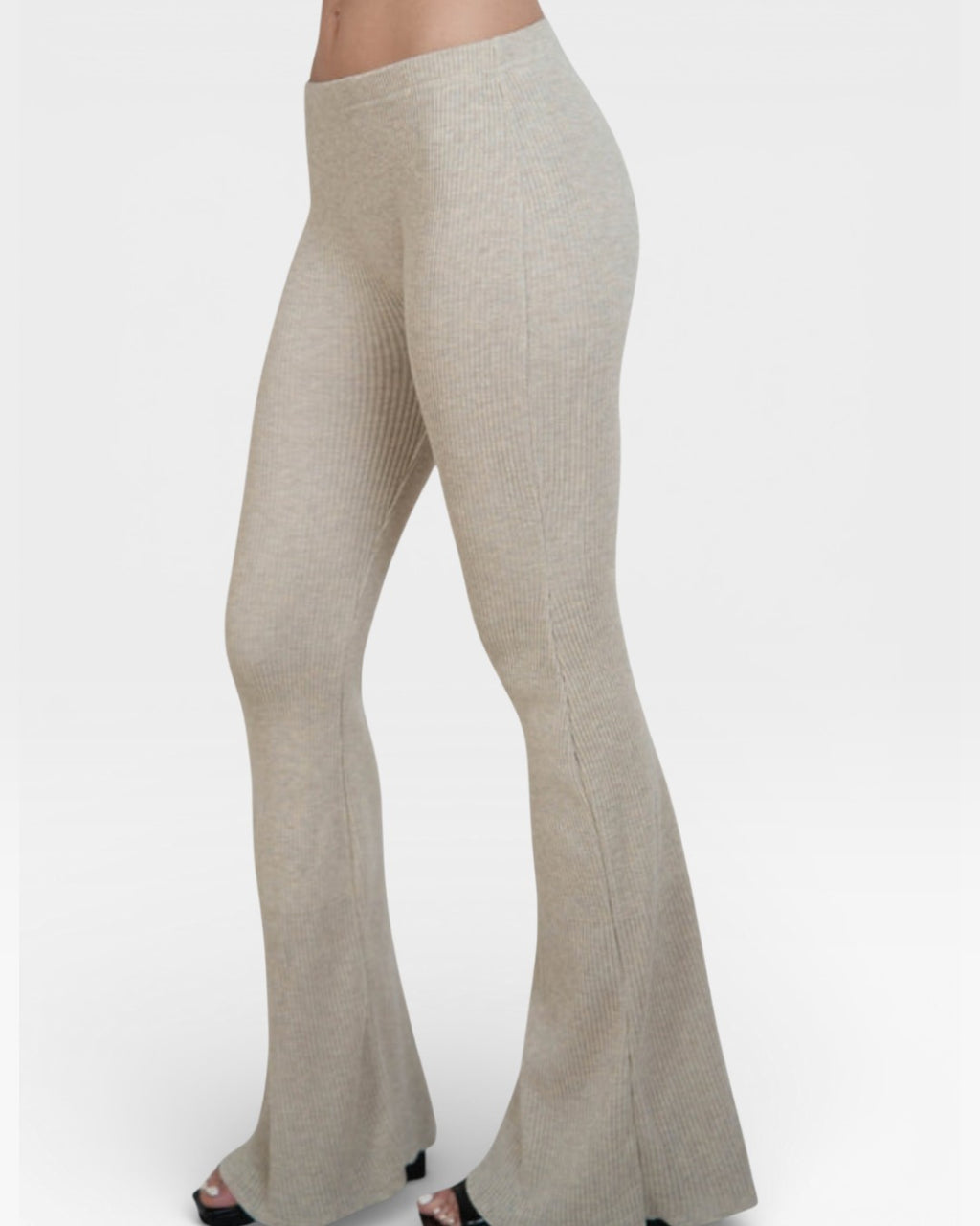 Side view of fitted rib knit flared leg pant in Drift beige by The Knit House LA.