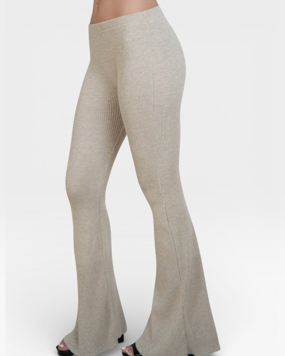 Side view of fitted rib knit flared leg pant in Drift beige by The Knit House LA.