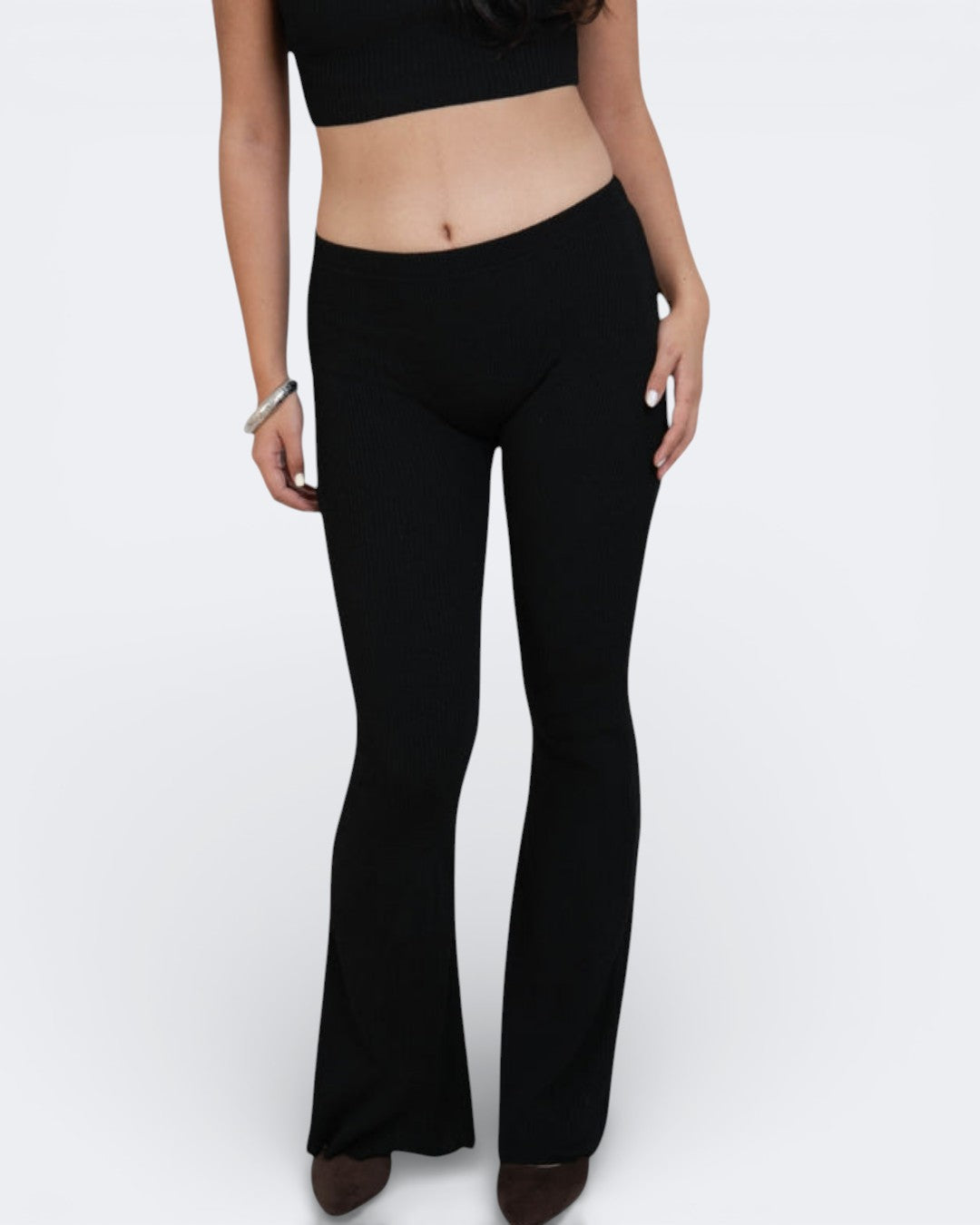 Front view of fitted rib knit flared leg pant in Ink black by The Knit House LA