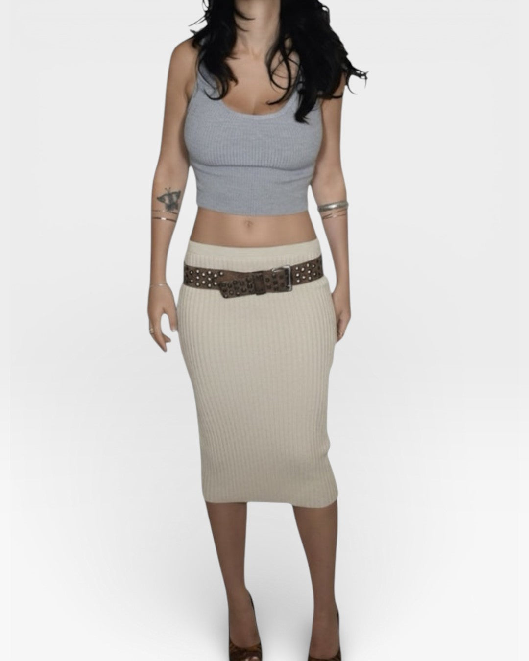 woman wearing grey tank and fitted rib knit pencil midi skirt in Drift beige by The Knit House LA.