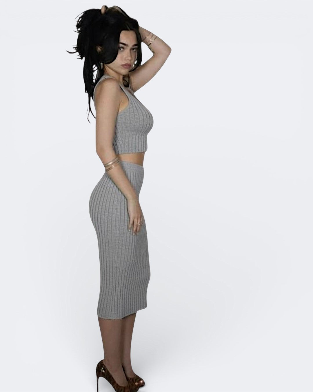 side view of rib knit tank and pencil midi skirt in Mist grey by The Knit House LA.