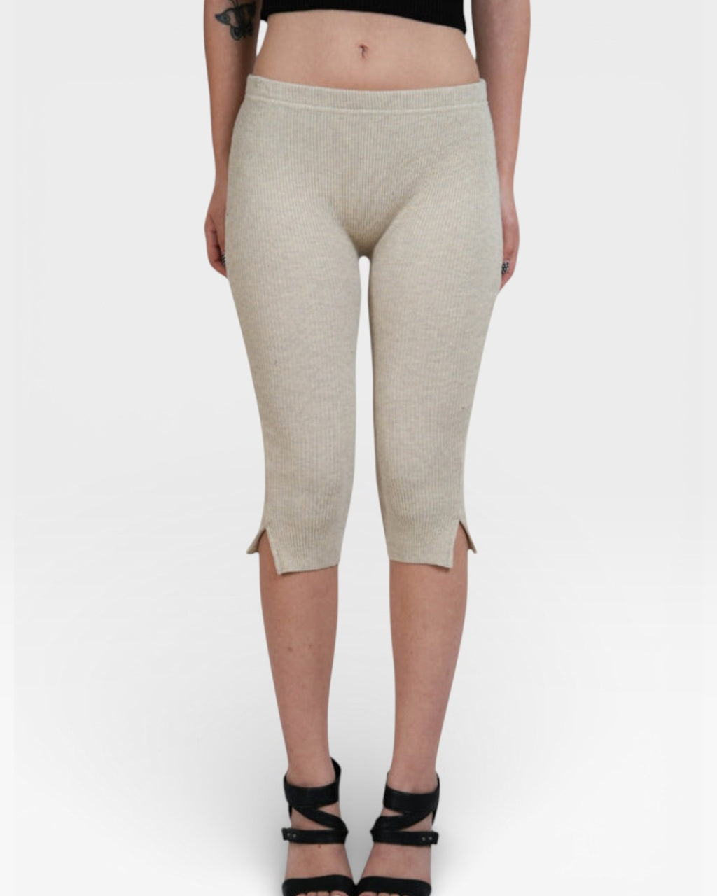 Front view fitted rib knit capri pant with side slit in Drift beige by The Knit House LA.
