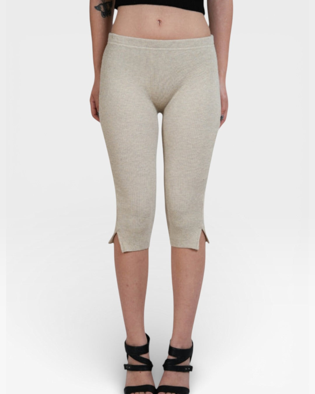 Front view fitted rib knit capri pant with side slit in Drift beige by The Knit House LA.