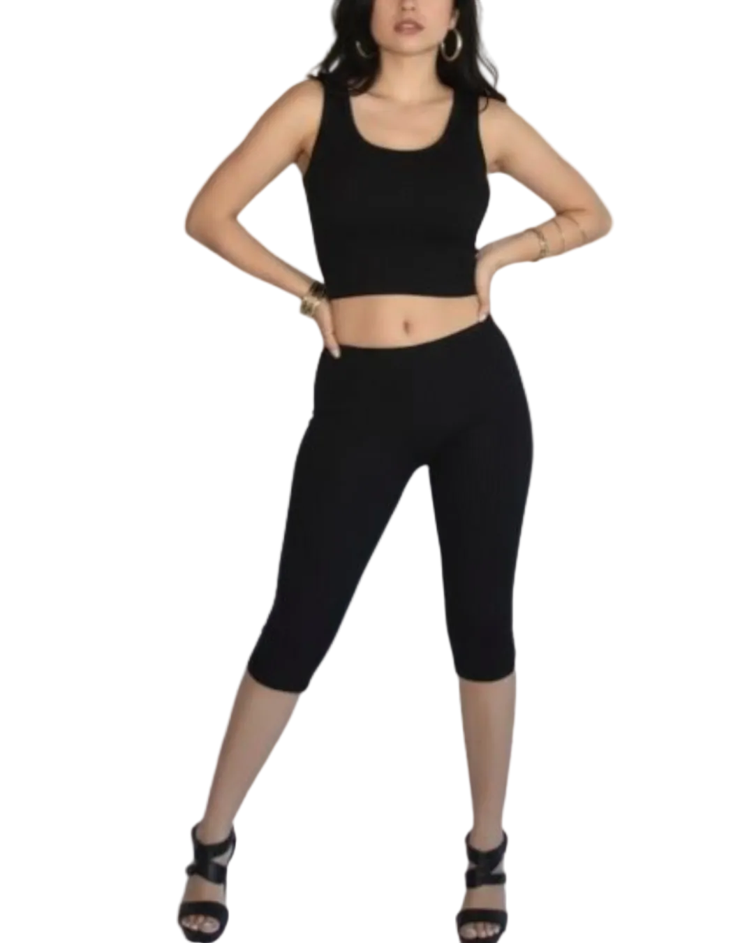 Woman wearing fitted rib knit capri with side slit and crop tank top in Ink black by The Knit House LA