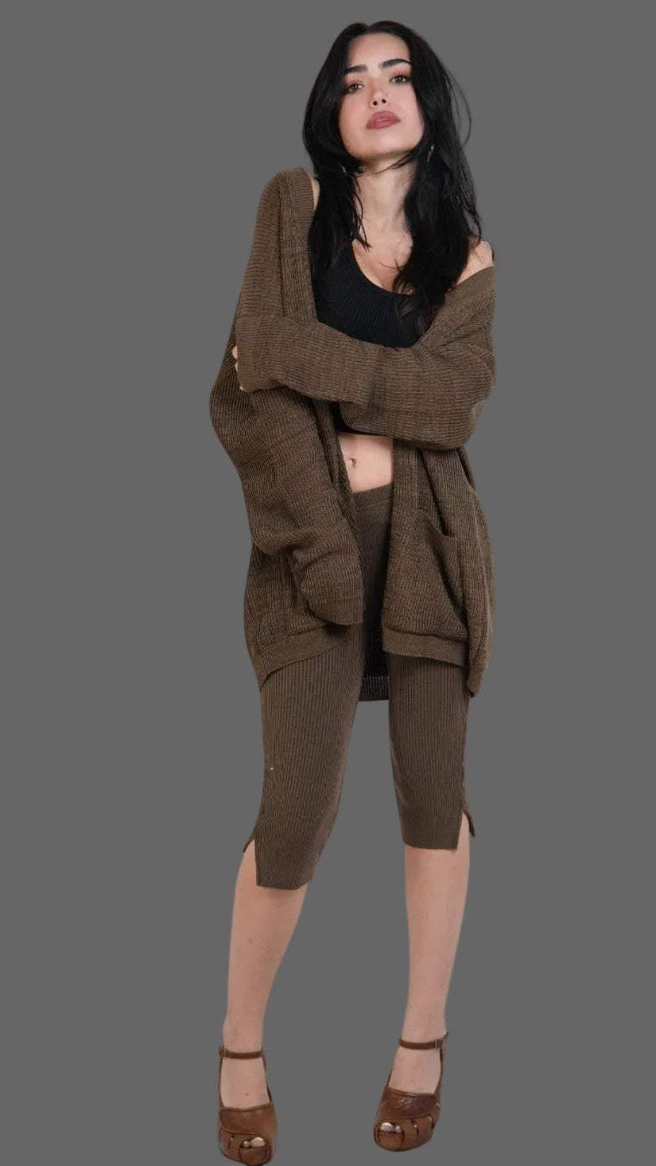 woman wearing relaxed rib cardigan with patch pockets in Bark brown by The Knit House LA.