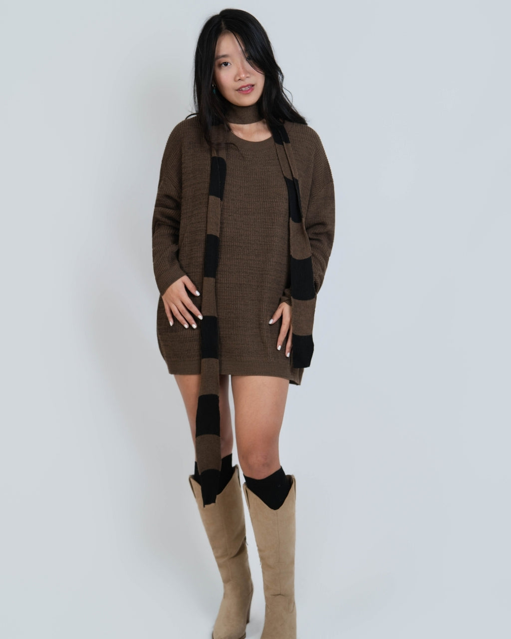 woman wearing rib knit long sleeve oversized crew neck sweater in Bark brown by The Knit House LA.