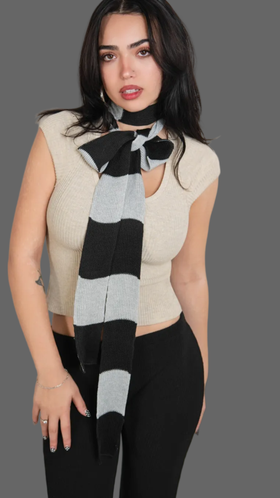 woman wearing extra long skinny stripe knit scarf in Slate grey and Coal black by The Knit House LA