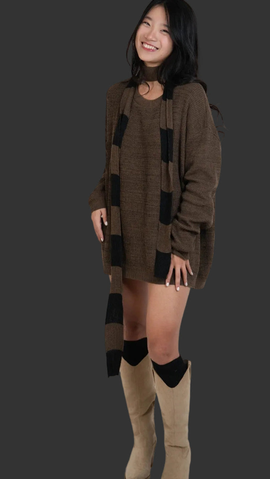 woman wearing rib knit long sleeve oversized crew neck sweater in Bark brown by The Knit House LA.